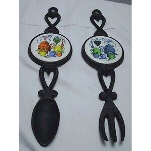 2  13" Price Import Cast Iron SPOON & FORK Wall Hanger Tile Inset Kitchen Decor